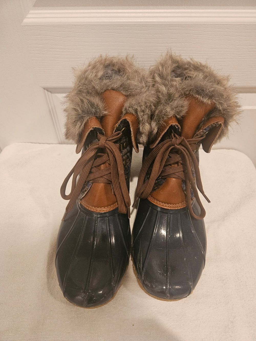 JustFab Brown and Black Faux-Fur Duck Boots